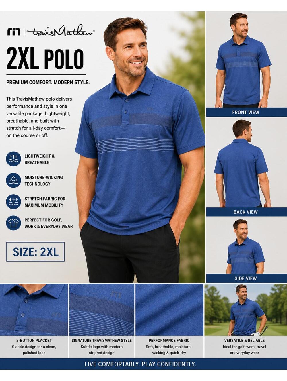 TravisMathew Men’s 2XL Polo Shirt Blue Performance Golf Polo
